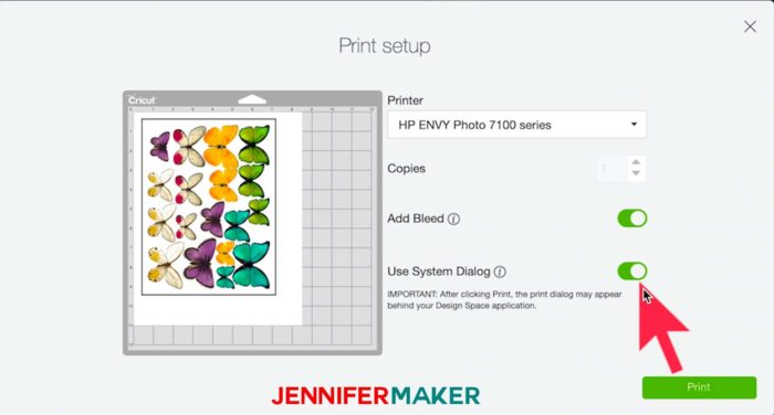 Print Setup screen in Cricut Design Space to make Print Then Cut paper butterflies