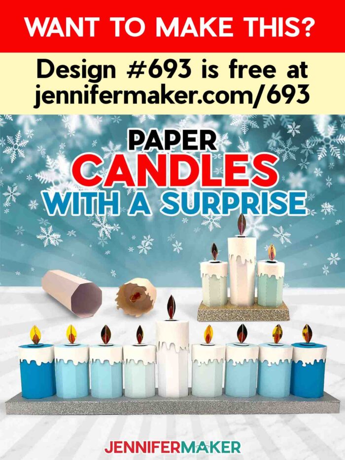 Learn to make paper Candle Gift Boxes with a surprise! Design #693 is free at jennifermaker.com/693. Two sets of Candle Gift boxes with metallic cardstock flames sit on display.