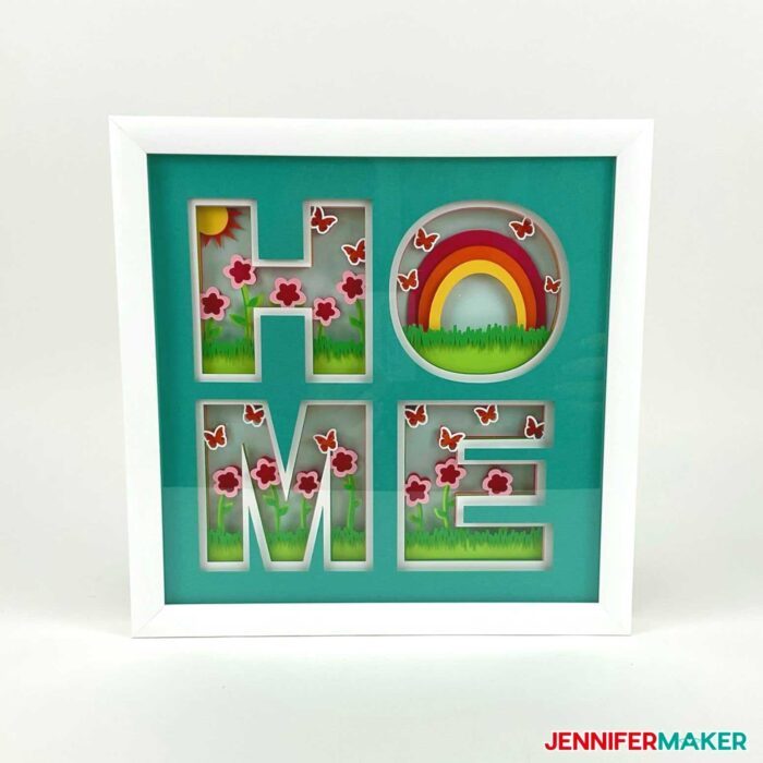 HOME shadow box paper craft home decor with a rainbow and a free SVG cut file
