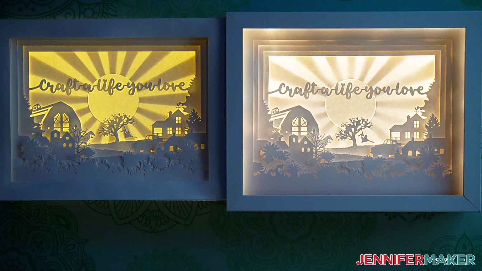 Two finished paper cut light boxes with white layers and lights shining through them. The DIY cardstock frame on the left has fairy lights inside, and the glass shadow box on the right has LED strip lights inside.