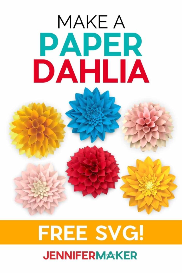Multicolored paper dahlias on a white background linking to the free SVG.