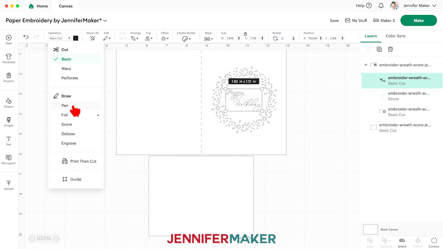 Select the layer with the birthday sentiment and click the Opertation menu to select Pen for writing.