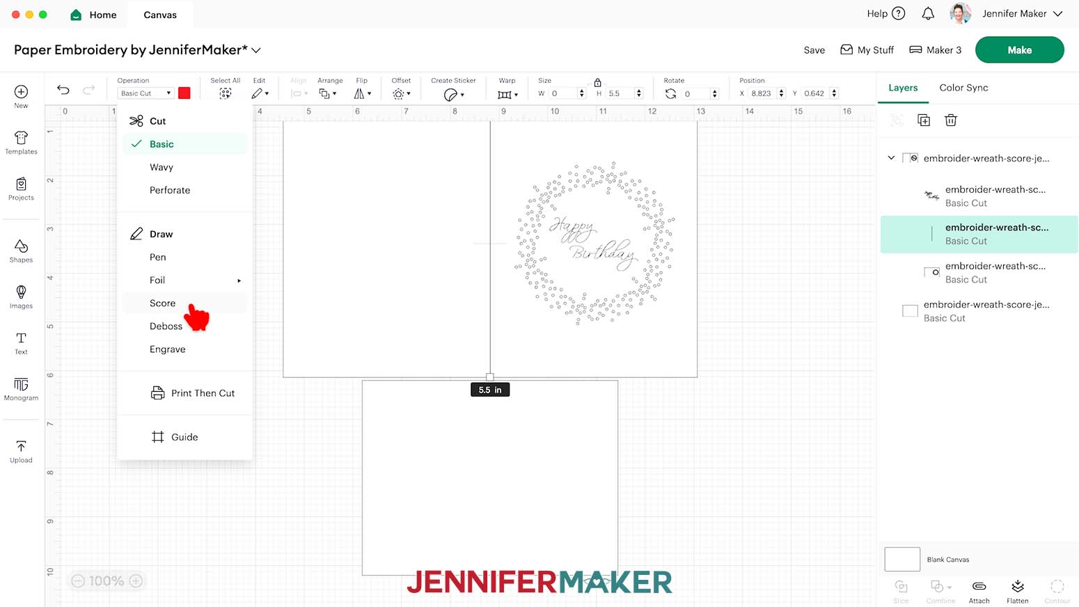 Click the dropdown arrow and click to select the layer with a single line. Click the Operation menu and select Score.