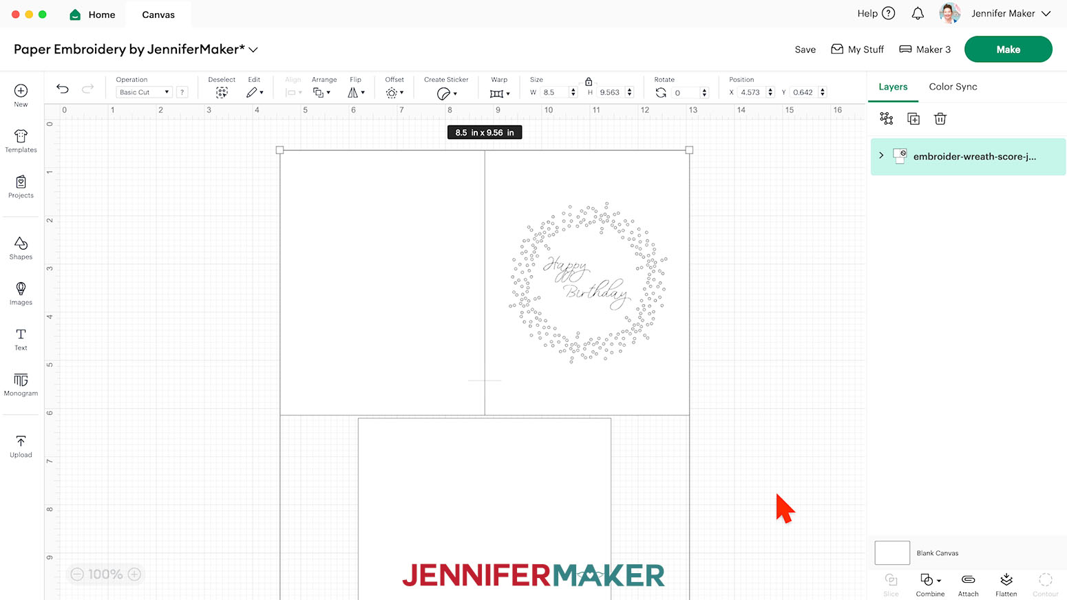 The embroidered cards wreath card SVG file uploaded to the design space canvas measuring 8.5" x 9.56".