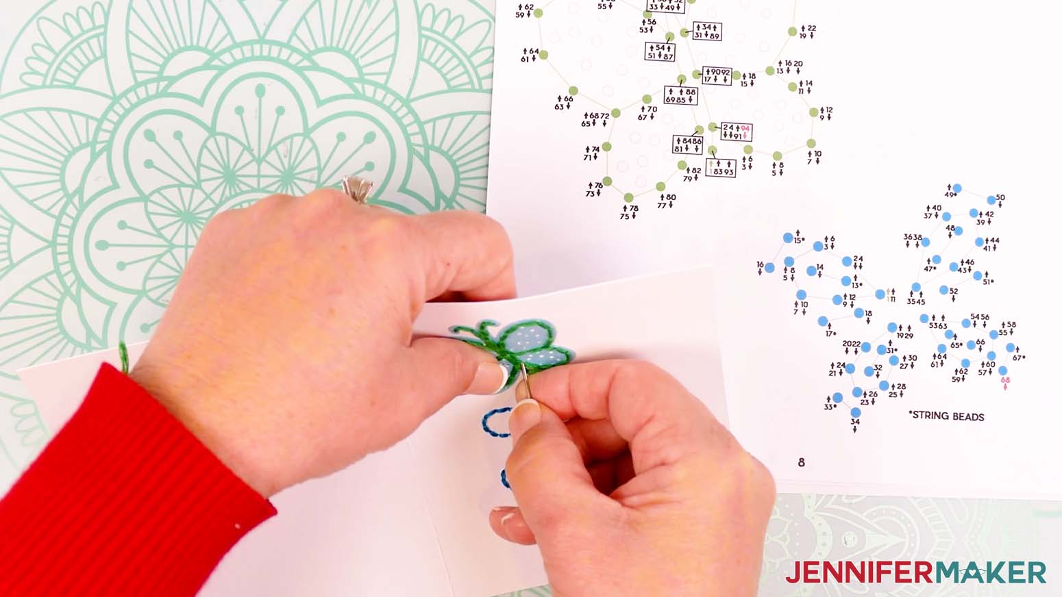 Follow the steps to complete the butterfly outline ending with inserting the needle down through hole 94.