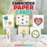 Learn how to make Paper Embroidery Cards with JenniferMaker's tutorial! A collection of embroidered cards sits on display on an outdoor wooden table.