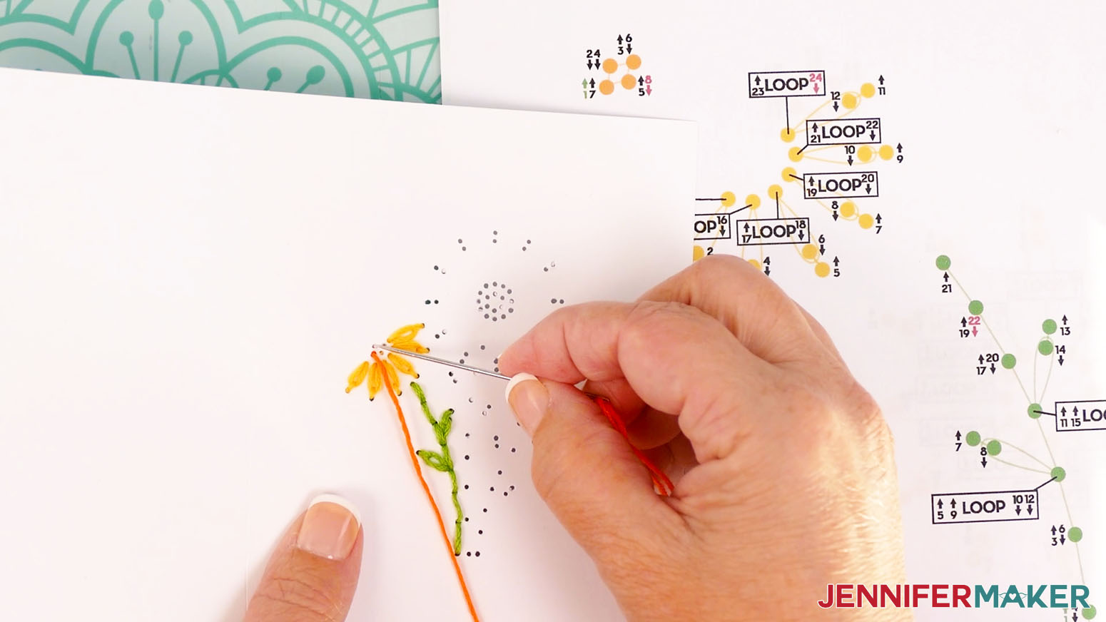 Insert the needle and orange embroidery floss down through hole 2 in the center of the left daisy.