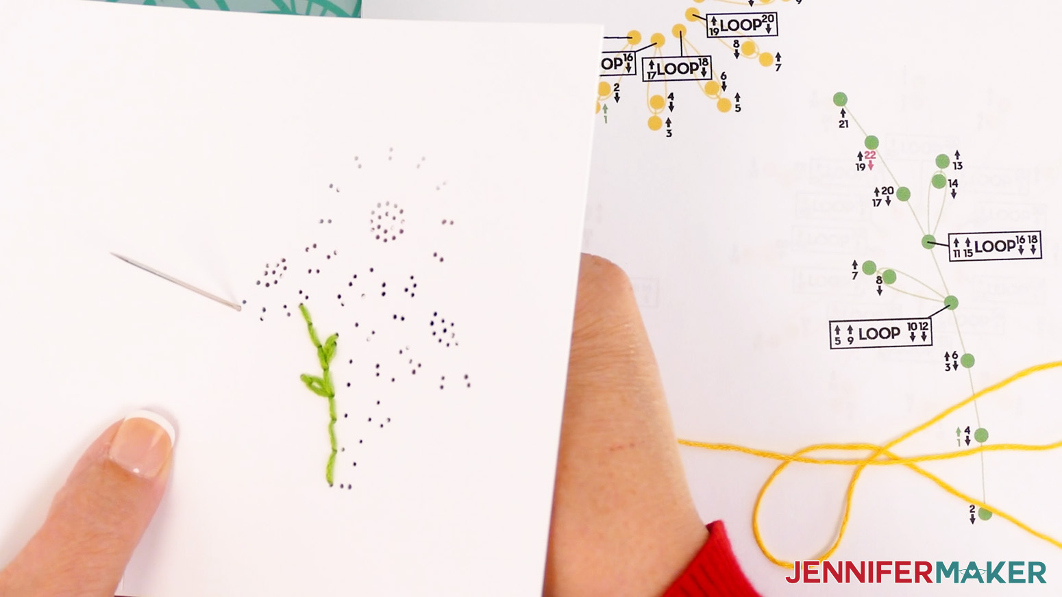 Insert the needle up through hole one on the left daisy for the paper embroidery card design.