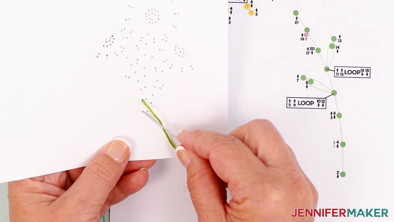 Insert the green embroidery floss down through hole two to continue the stem part of the daisy design.
