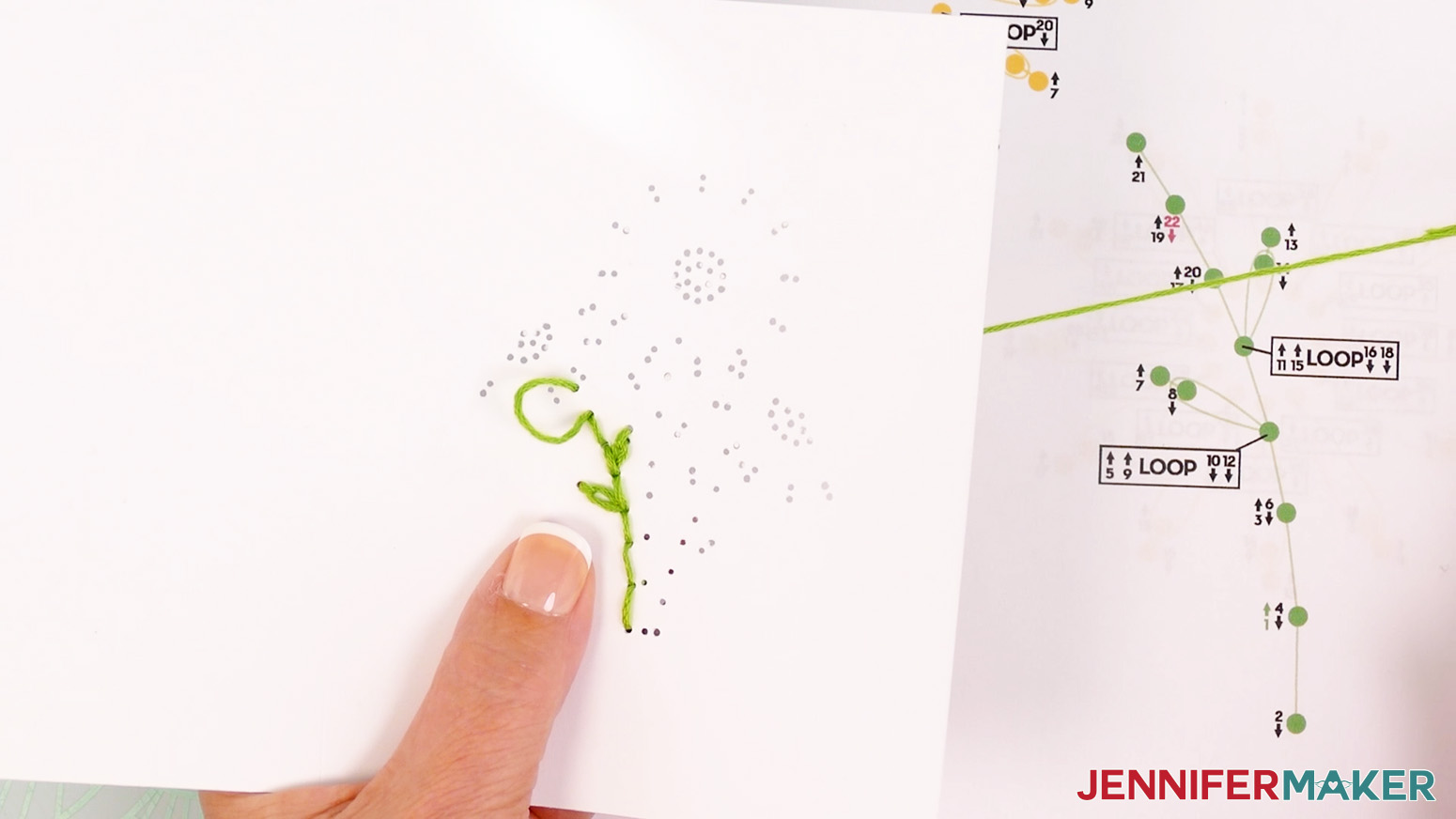 Insert the embroidery floss and needle down through hole 22 to finish the first stem.