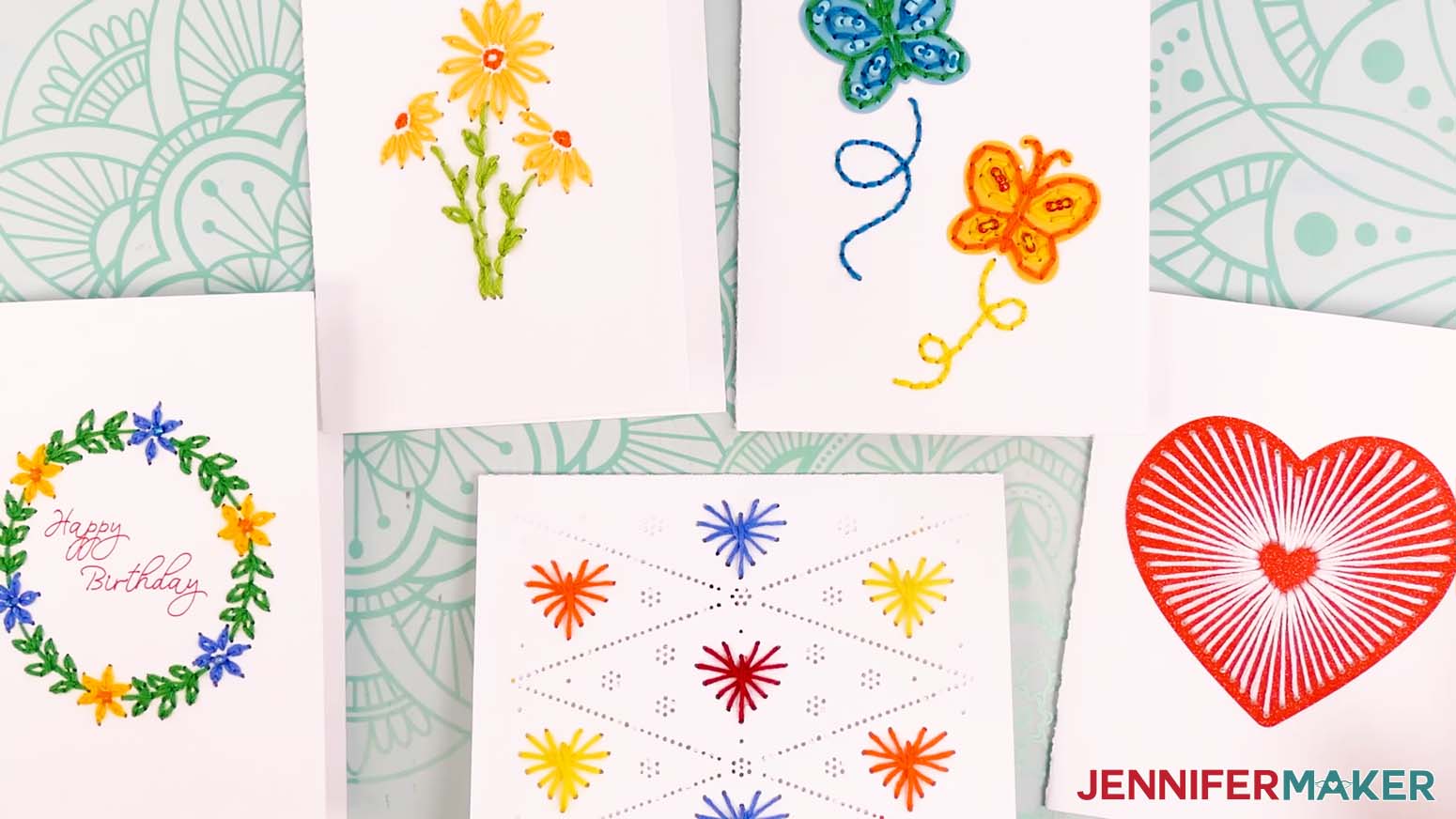 Here are all of my finished paper embroidery card designs.