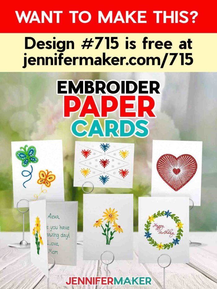 Learn how to make Paper Embroidery Cards with JenniferMaker's tutorial! A collection of embroidered cards sits on display on an outdoor wooden table. Want to make this? Design #710 is free at jennifermaker.com/710