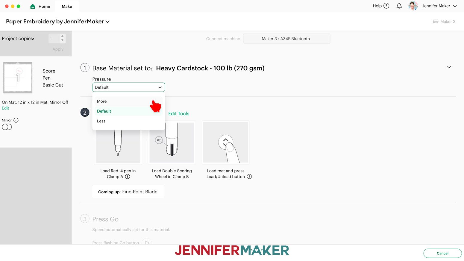 Select the "Heavy Cardstock" setting with More pressure.