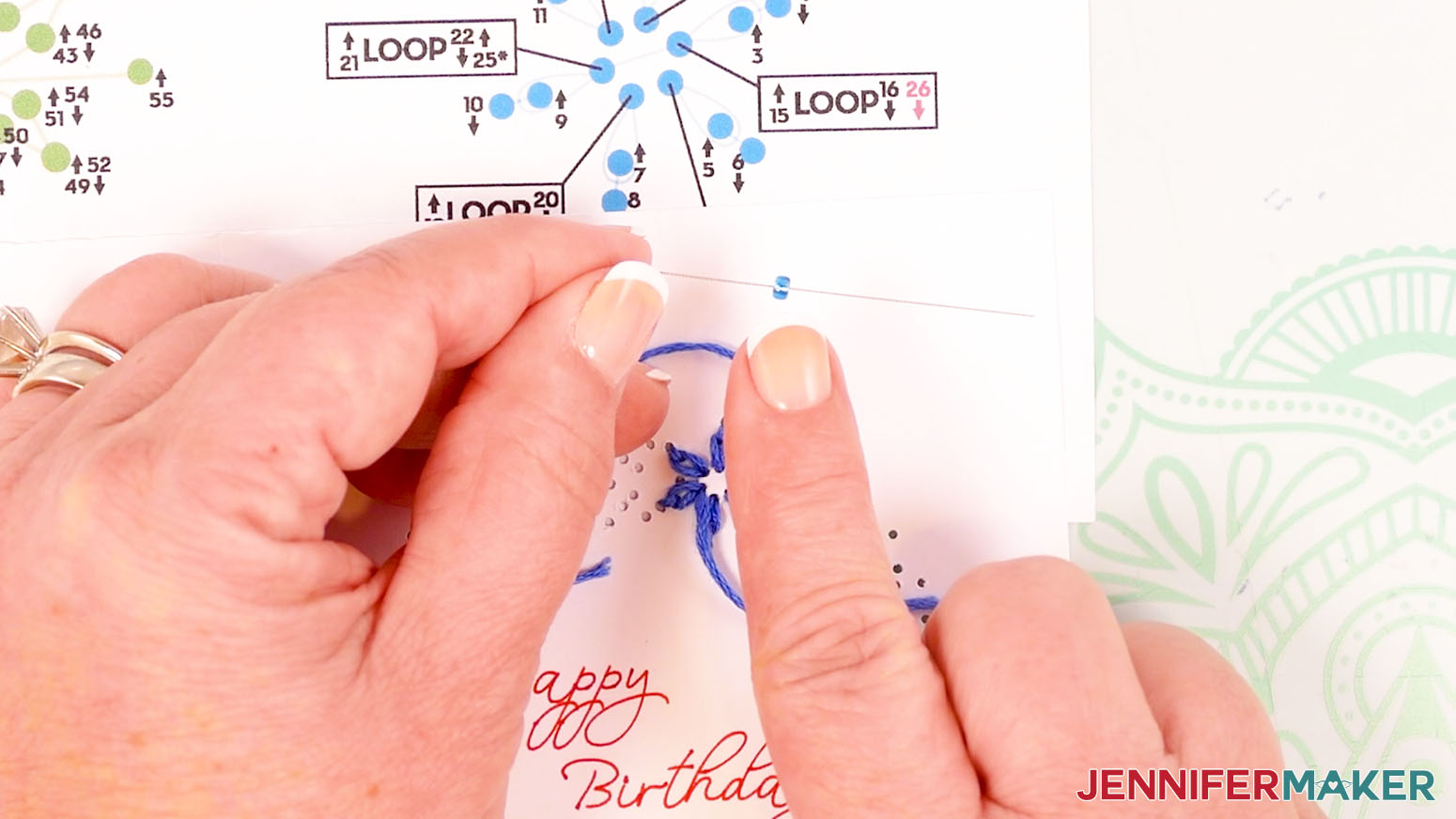 Use the small beading needle to place a bead on the embroidery floss.
