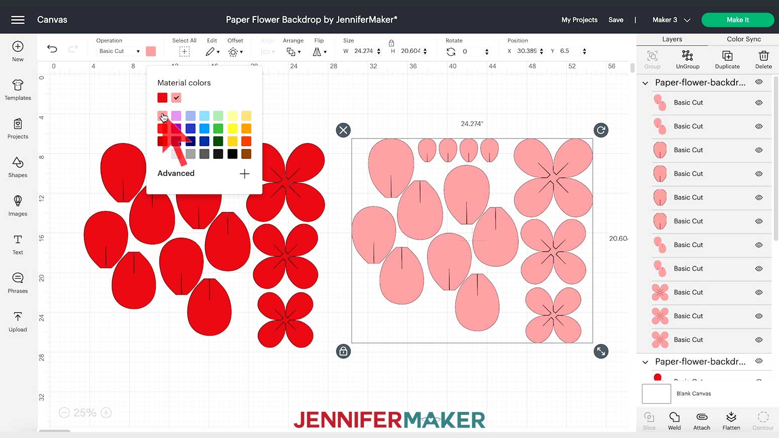 Change some of the flowers' colors in Design Space to add interest to your paper flower backdrop.