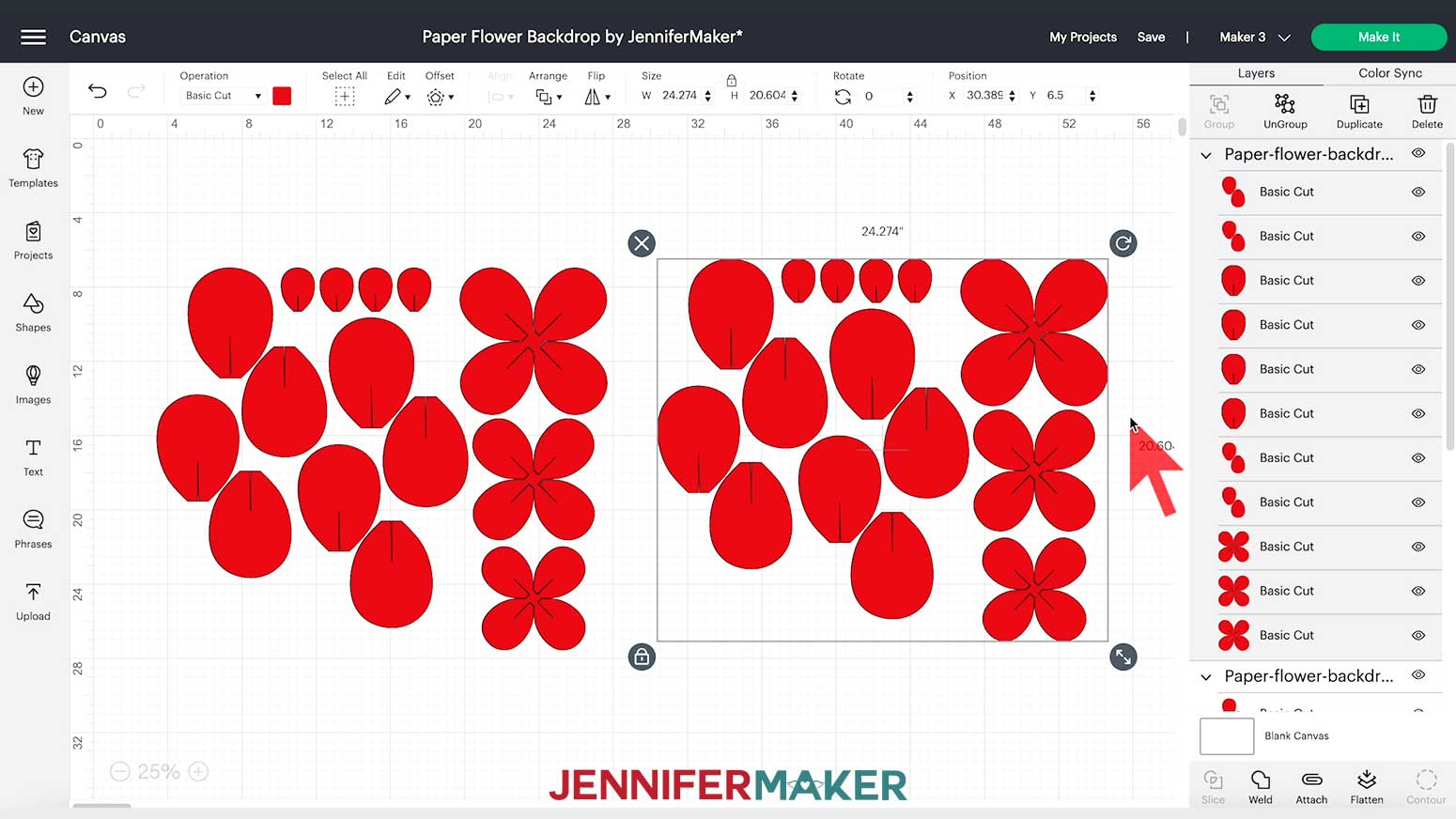 To cut more than one copy of a flower at once for the paper flower backdrop, duplicate the group in Design Space.