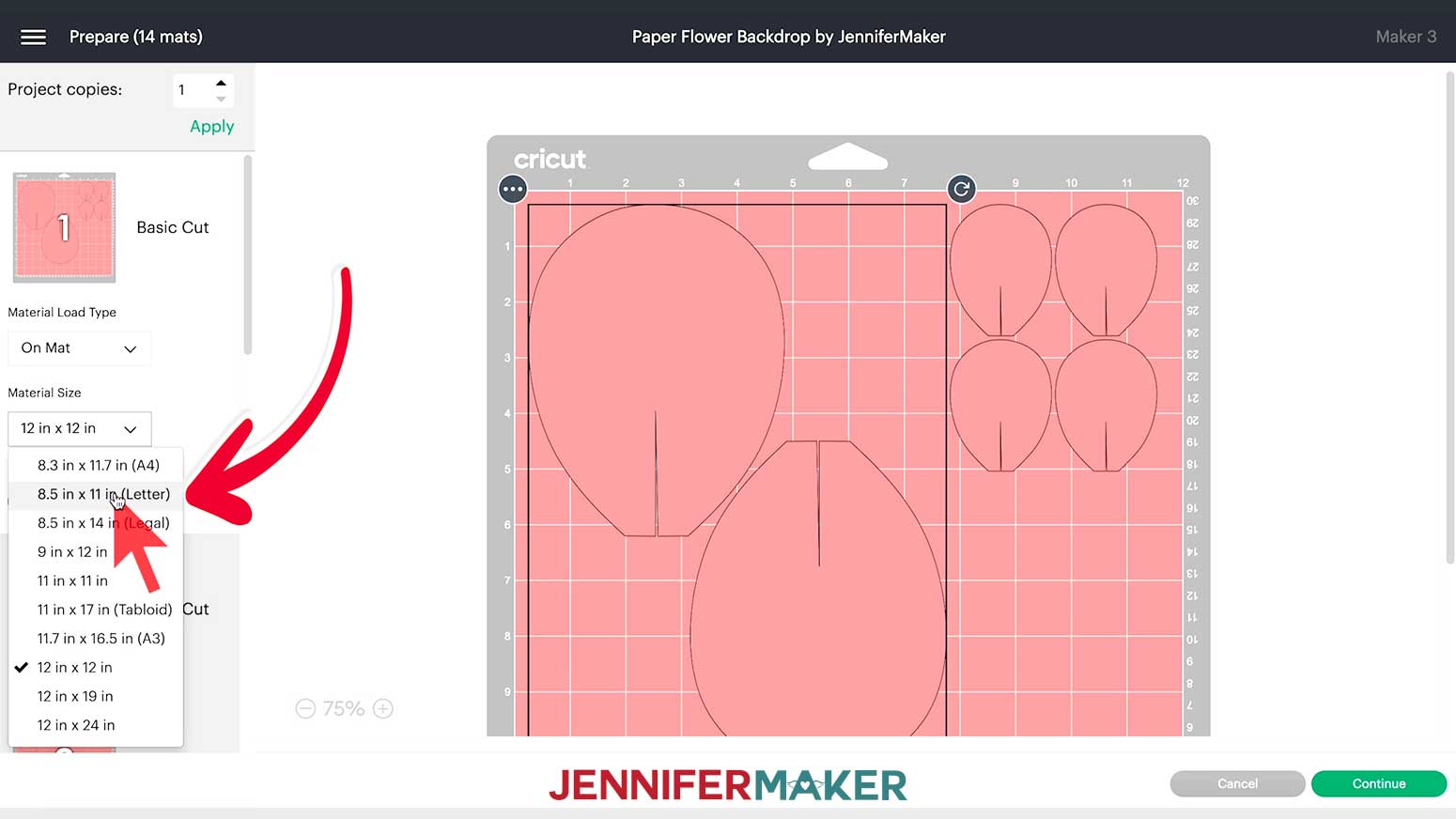 Change your material sizes according to you paper in Cricut Design Space for the paper flower backdrop.