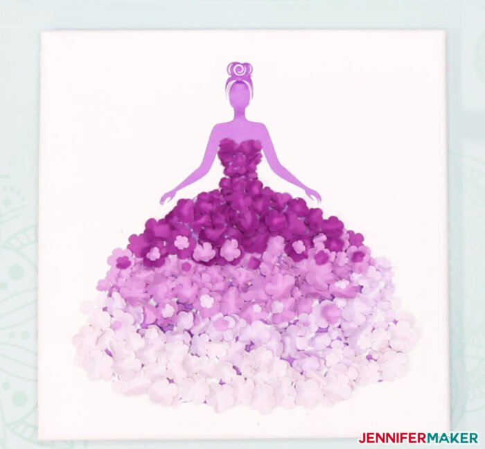 Easy Paper Flower Dress in purple vinyl and lavender paper flowers on a white canvas