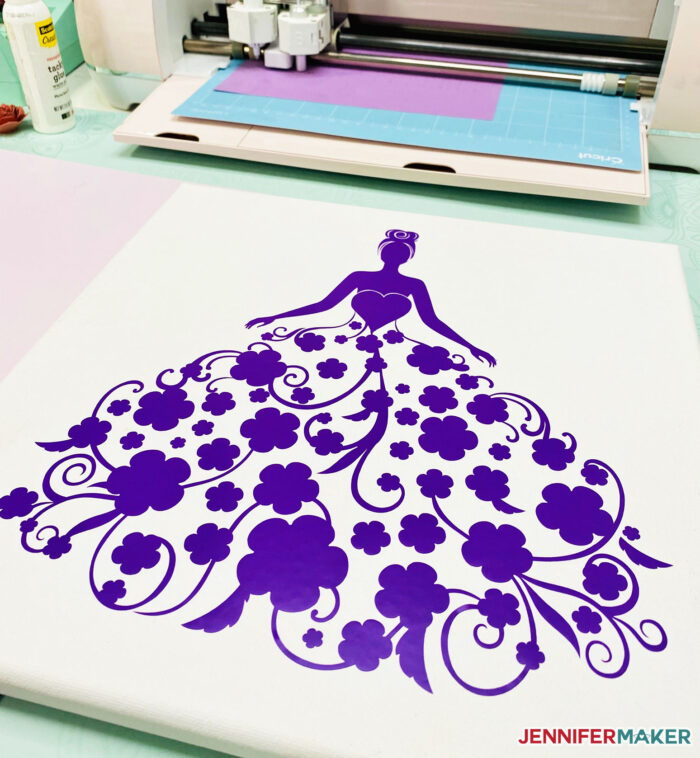 Easy Paper Flower Dress in purple vinyl on a white canvas