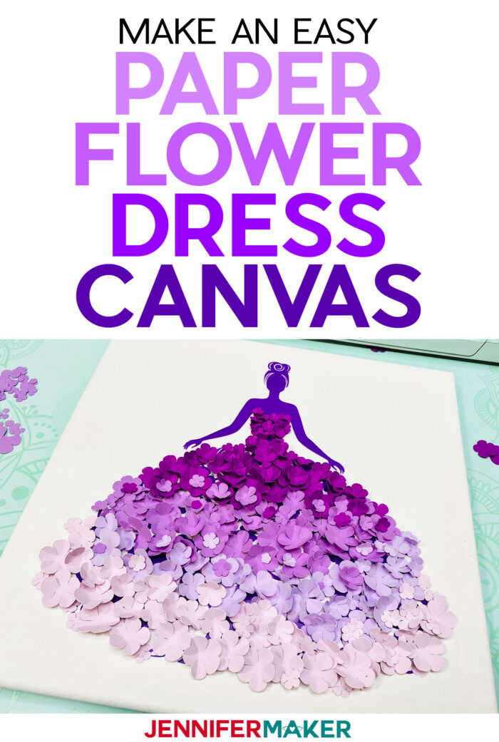 Easy Paper Flower Dress Canvas Tutorial with free SVG cut file and paper flower templates #cricut #paperflowers