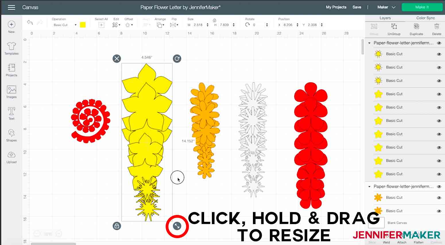 arrow pointing to arrows where you click hold and drag to resize paper flower letter