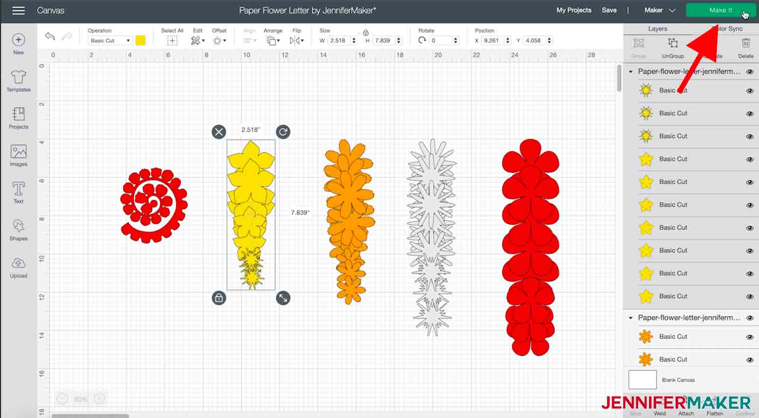 arrow pointing to make it button in cricut design space paper flower letter project