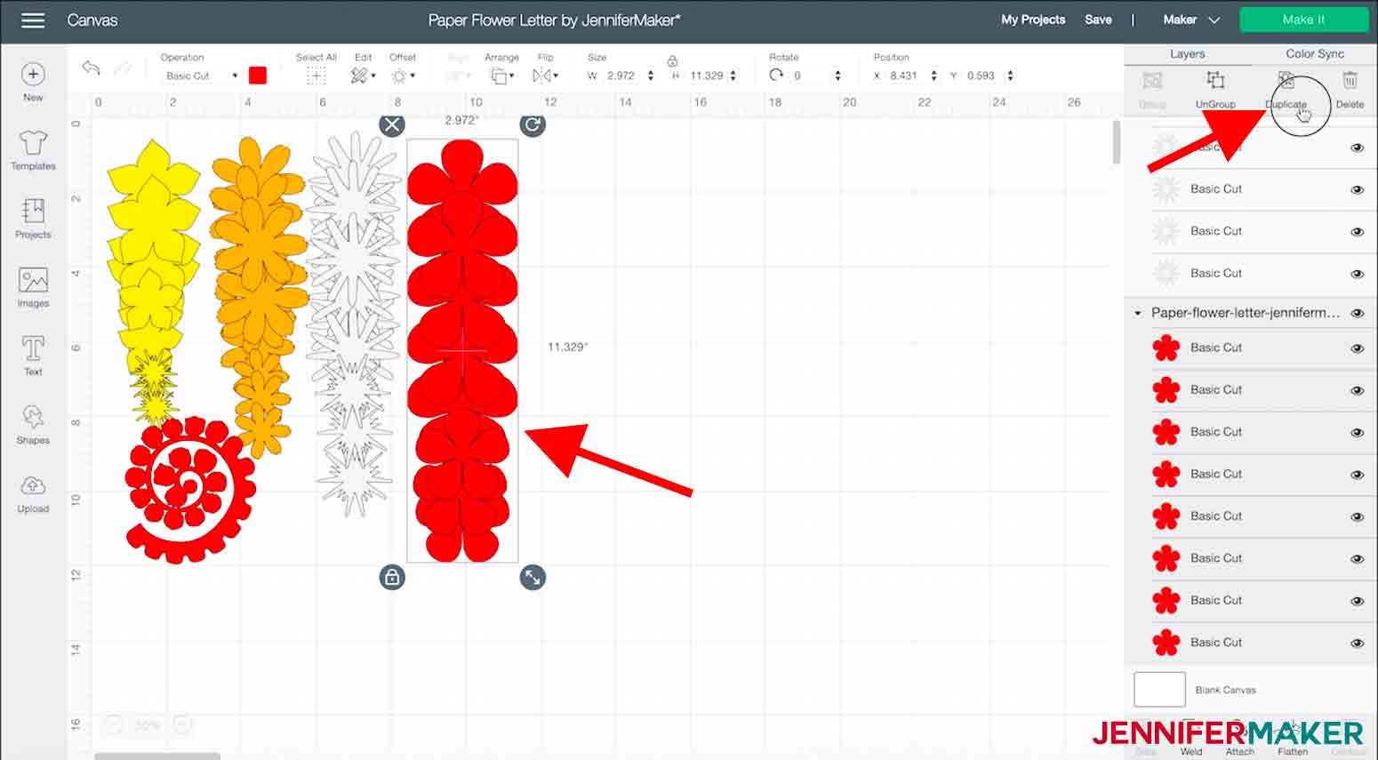 arrow pointing to duplicate button in cricut design space paper flower letter project
