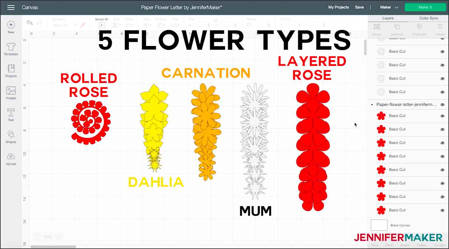 Design Space Canvas with five different flowers including rolled rose, dahlia, carnations, mum and layered rose