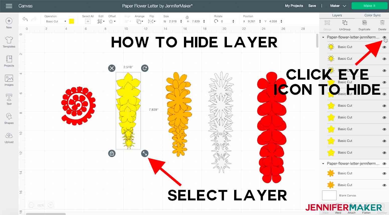 arrow and text explaining how to hide a layer in cricut design space paper flower letter project