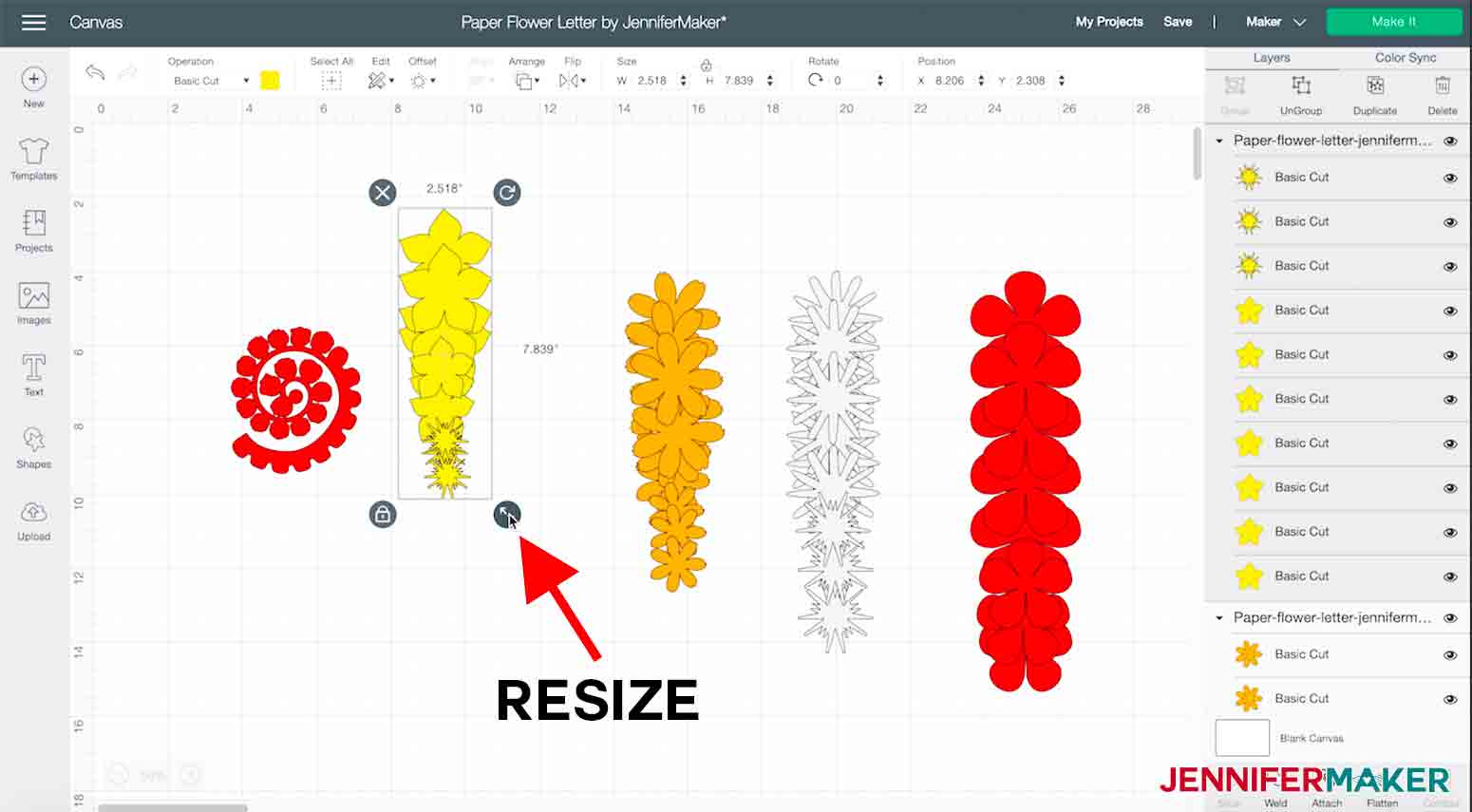 arrow pointing to resize handle in the Cricut Design Space for Paper flower letter