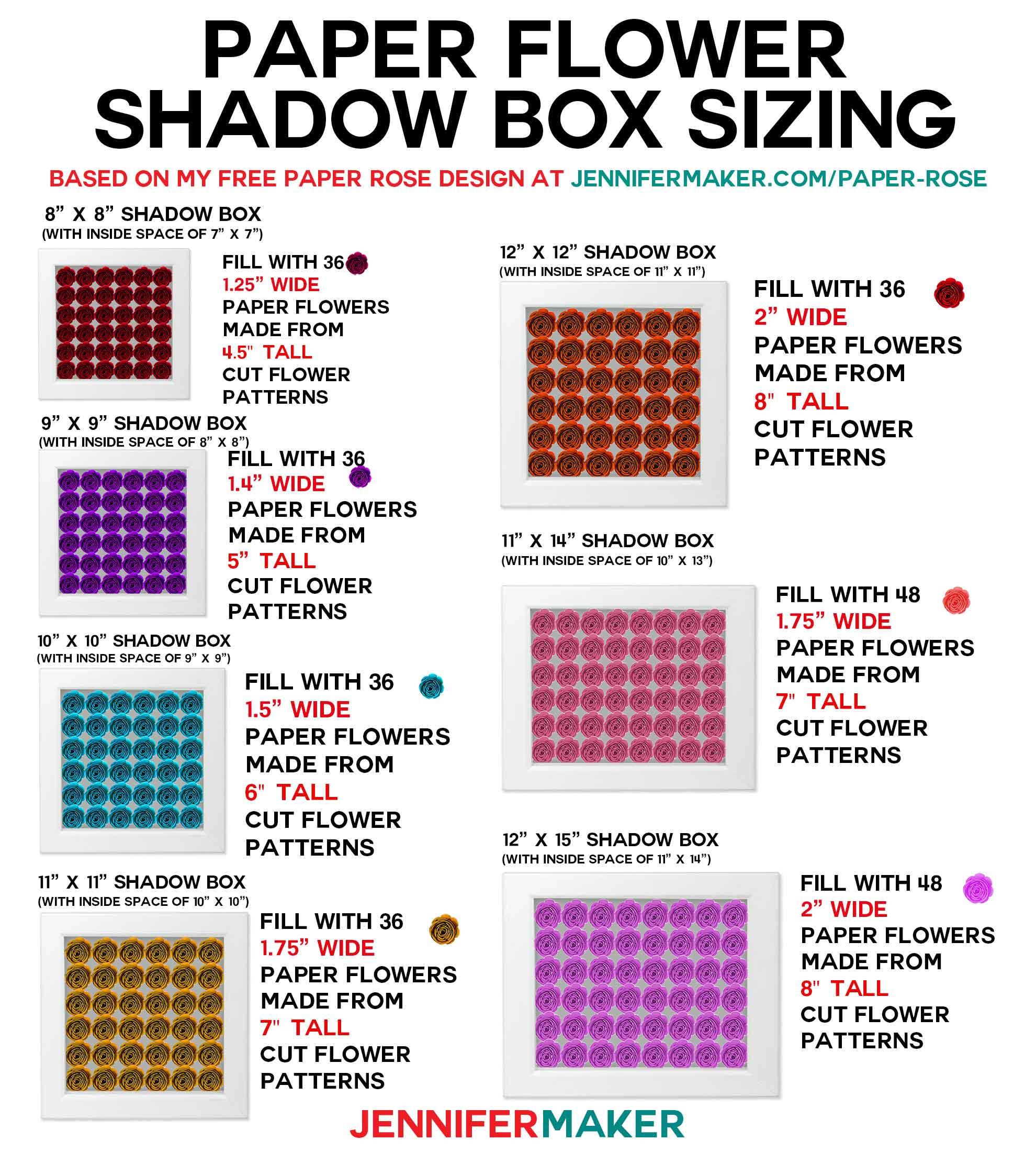 Paper Flower Shadow Box With Sizing And Quantity Charts Jennifer Maker