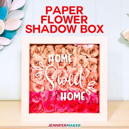 Paper Flower Shadow Box Tutorial with 36 realistic paper roses protected within a shadow box with a vinyl sentiment to personalize it #paperflowers #shadowbox #cricut #diyhomedecor