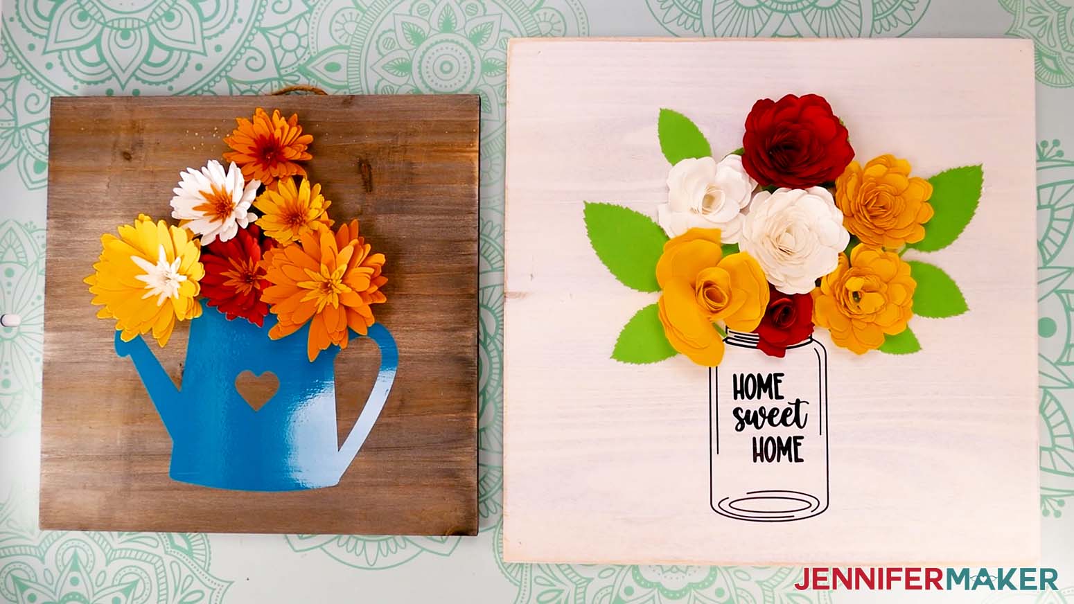 Finished Paper Flower Sign with flower pot and mason jar decals.