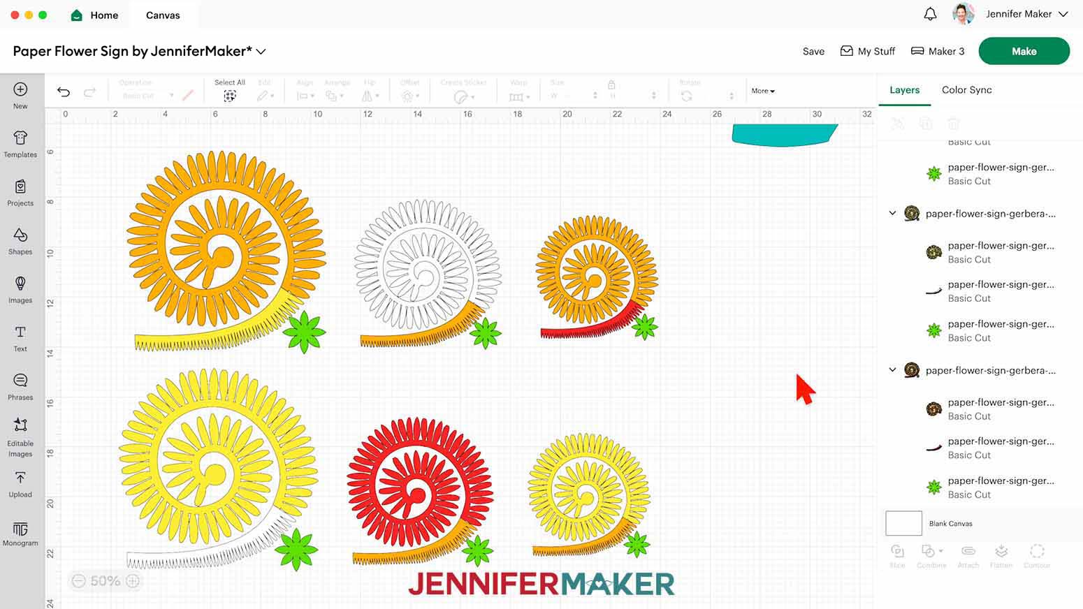 Resized daisies on the Design Space canvas with colors changed to cut on appropriate mats.