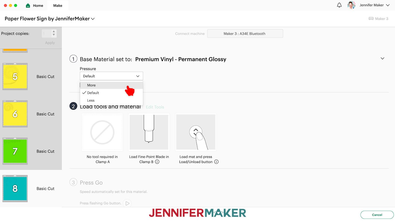 Select Premium Vinyl Permanent Glossy with More pressure for the vinyl mats.