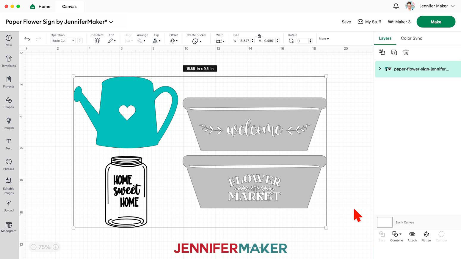 Paper Flower Sign SVG uploaded to the Design Space canvas with four designs.