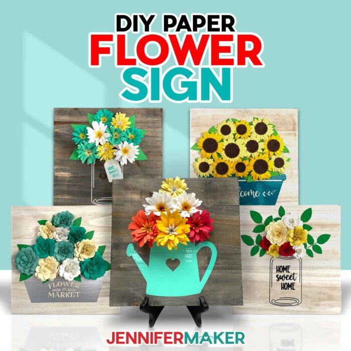 Learn how to create a beautiful paper flower sign with JenniferMaker's tutorial! Five paper flower signs sit on display.