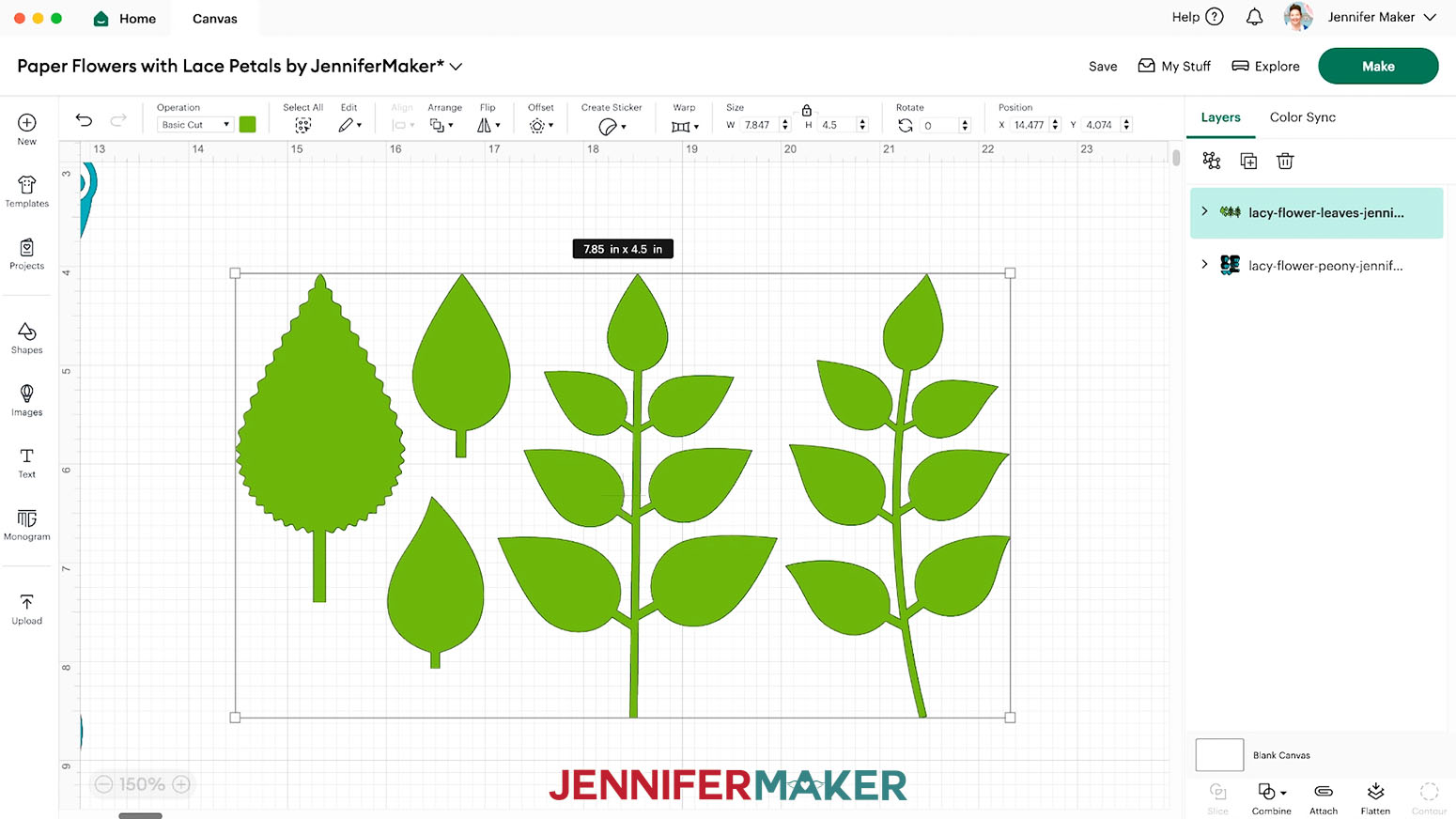 The leaves SVG uploaded to the Design Space canvas measuring 7.85 in. x 4.5 in.