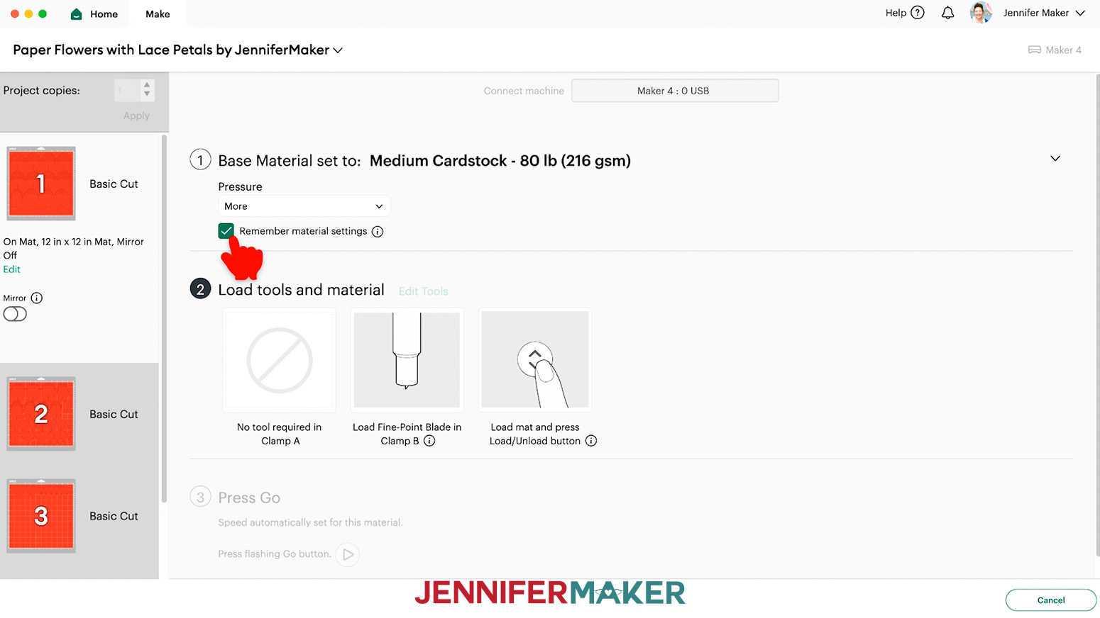 Search for and select the "Medium Cardstock 80 lb" base material and set the pressure to More. Also click "Remember material settings" since all mats are the same material.