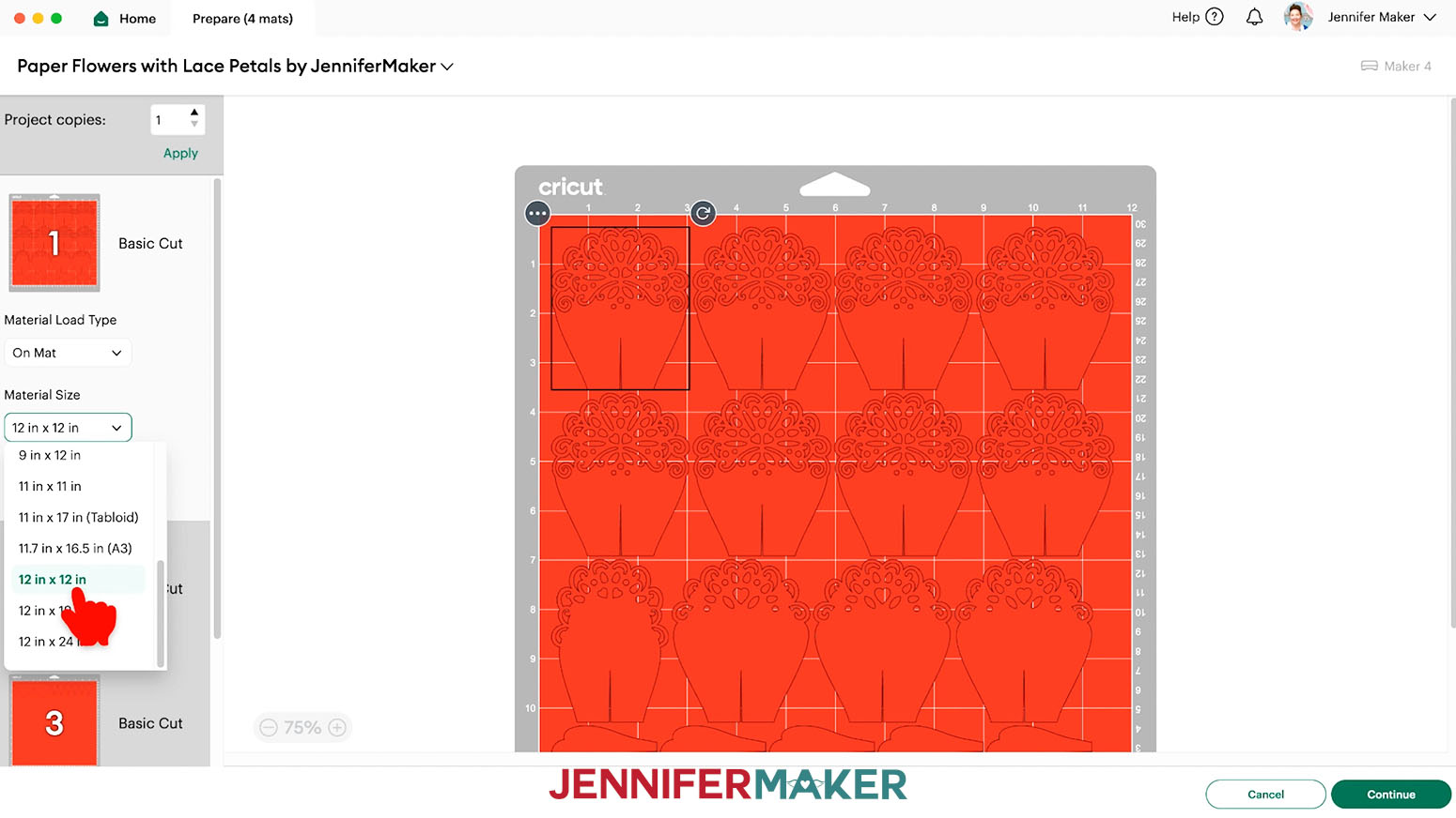 On the Prepare screen, make sure the material size is set to 12 in x 12 in for all of the mats.