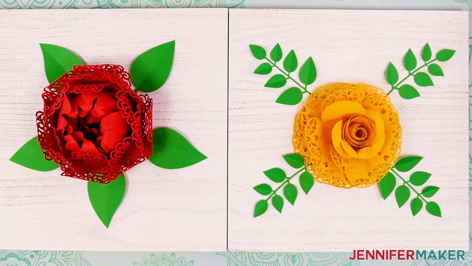 Two finished and mounted paper flowers with lace petals: a red peony on the left and a yellow rose on the right.