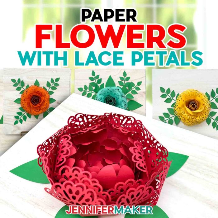 Paper flowers with lace petals by JenniferMaker. Four paper flowers on wood signs sit on a table.
