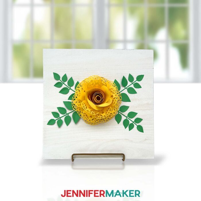 A yellow paper rose with lace petals on a wood sign, by JenniferMaker.