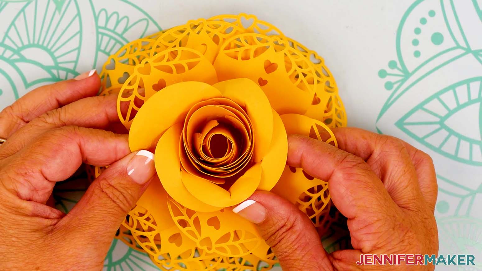 The paper rose flower with lacy petals is complete.