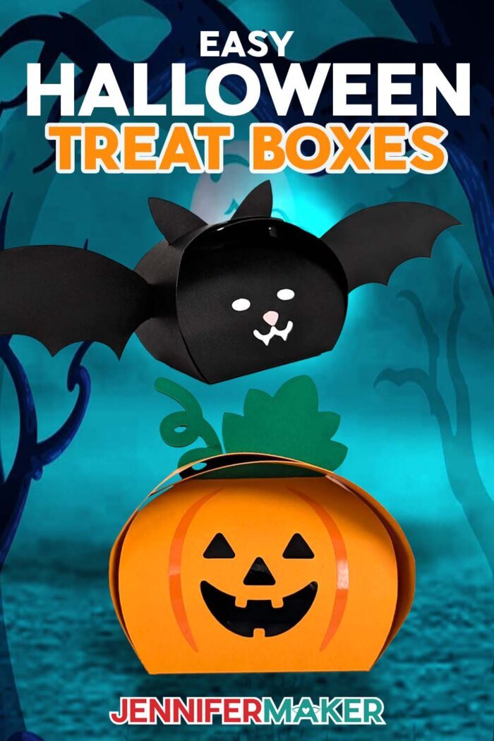 Learn how to make easy Paper Halloween Treat Boxes with JenniferMaker's tutorial! Two cardstock and vinyl treat boxes (a bat and a pumpkin) are on display in a spooky wooded scene.
