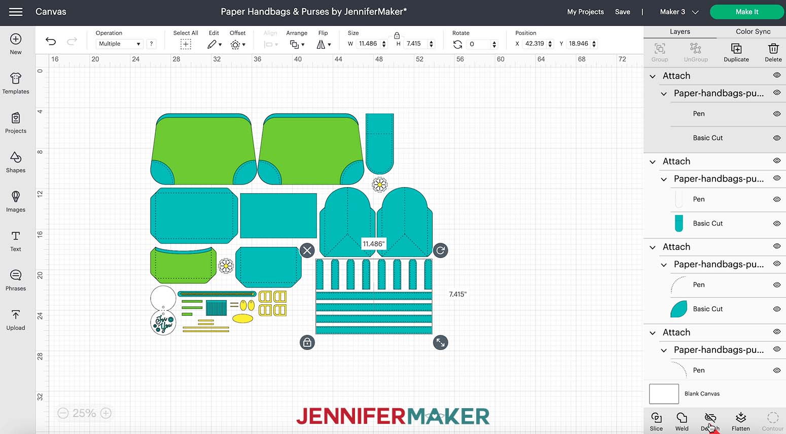 A screenshot showing the Flower Power paper handbag design on the Cricut Design Space canvas with the Pen and Basic Cut layers for the handle pieces highlighted and attached