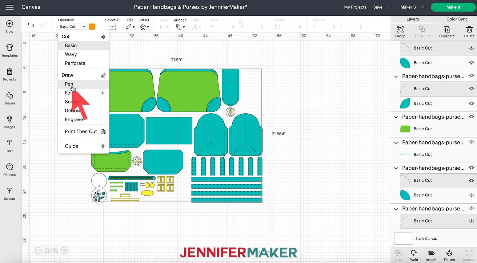 A screenshot of the paper handbags design on the Cricut Design Space canvas showing four layers selected and the mouse pointer hovering over Pen in the Operation menu