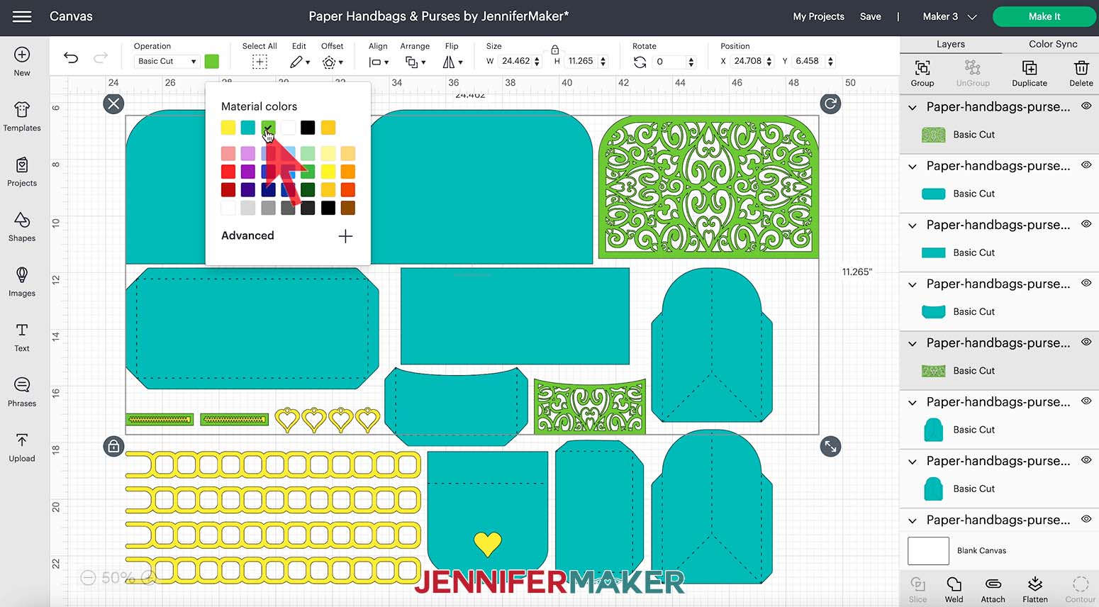 A screenshot of the Couture paper handbags design in Cricut Design Space showing two layers selected and the mouse pointing to the green color swatch in the Material Colors panel
