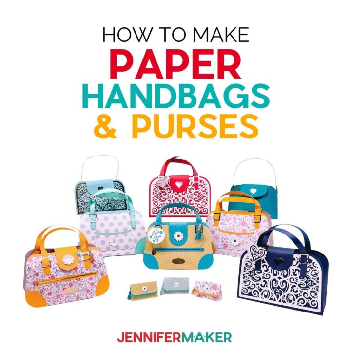 Group of colorful paper handbags & purses promoting the tutorial.