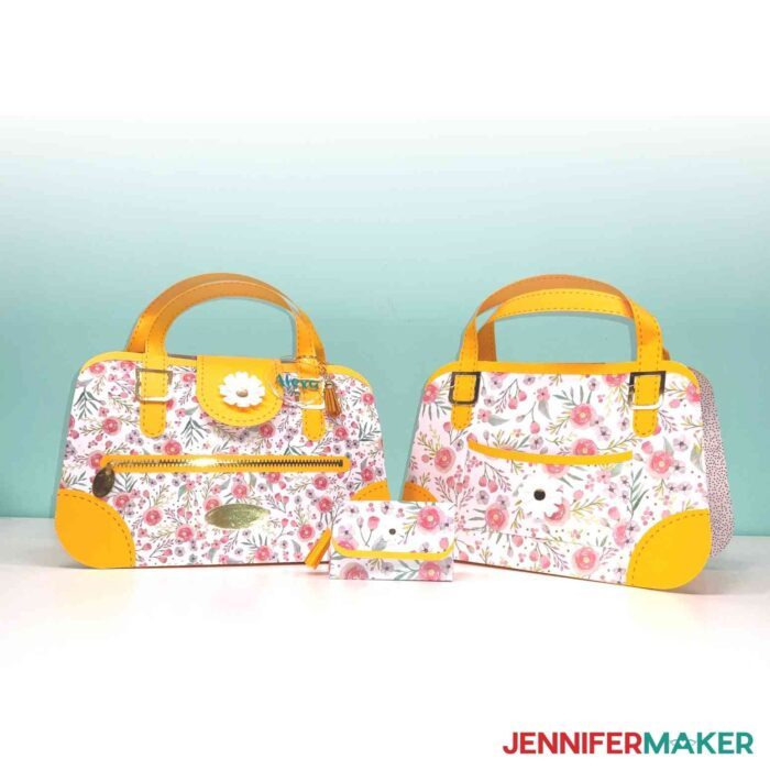 Flower Power and Daisy Duke wallet paper handbags in pink and white floral cardstock with sunny yellow accents.
